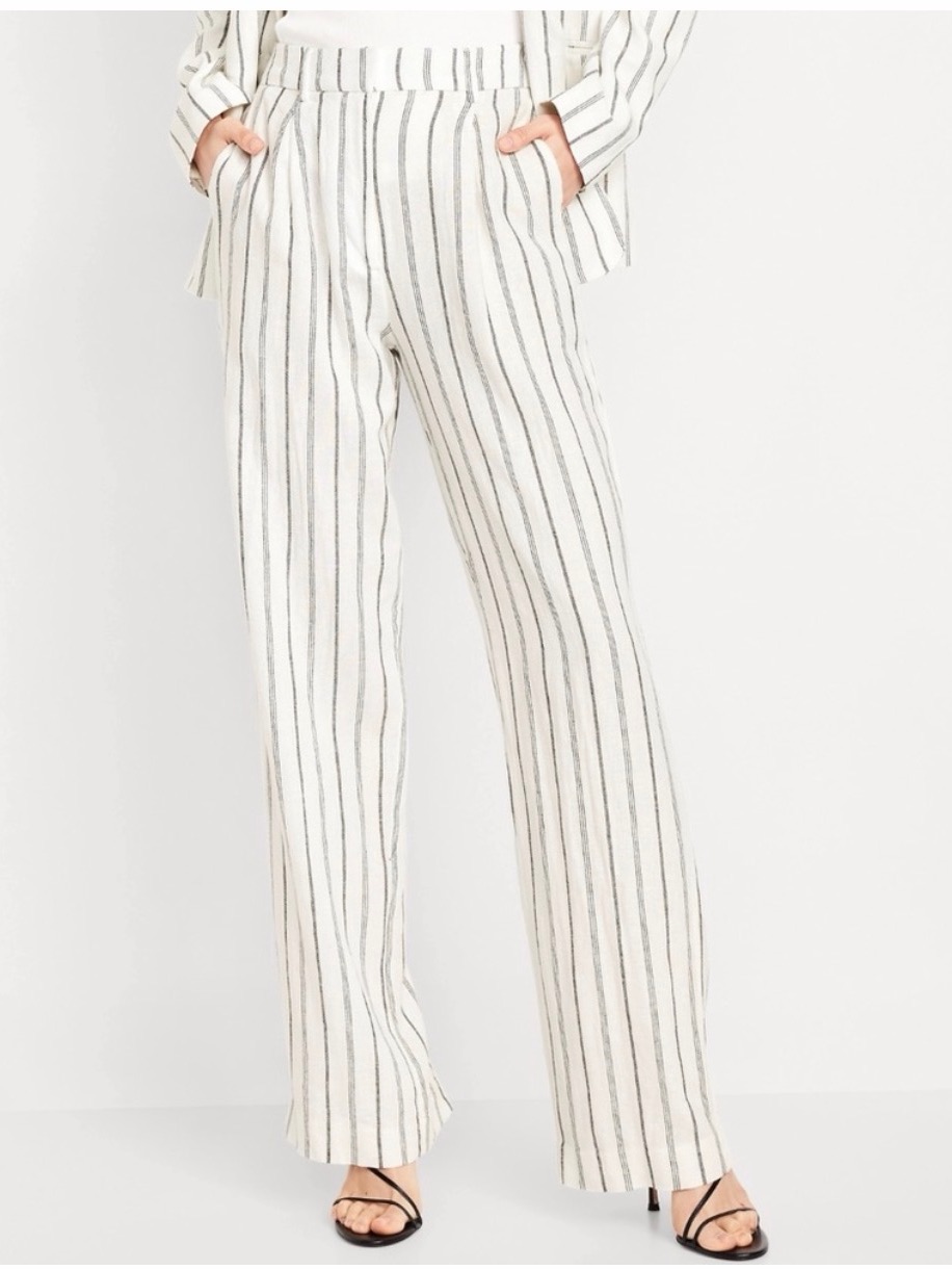 Old Navy Linen Blend Taylor Wide Leg Pants Stretch Pockets White/Black Small
